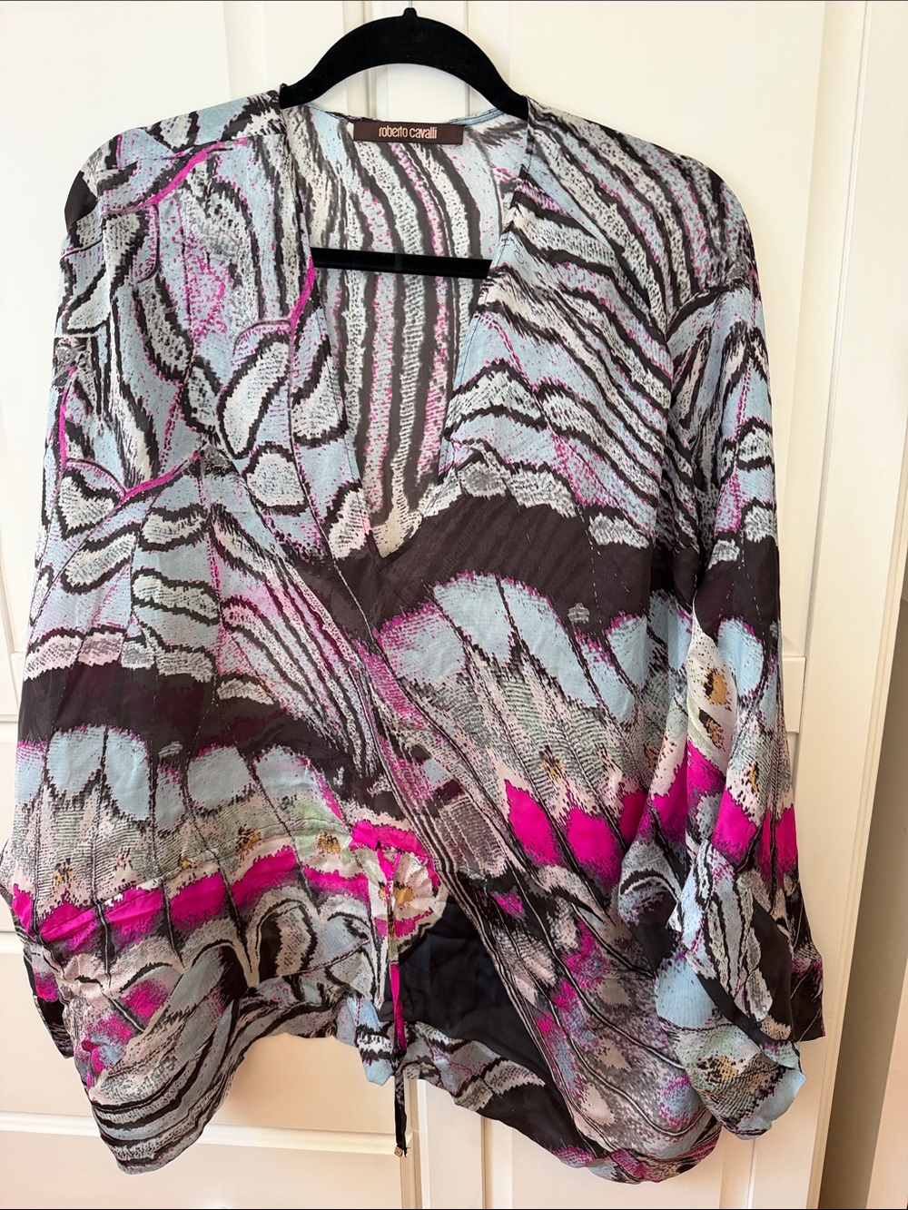 NWT Roberto Cavalli Sheer Printed Wrap Blouse in Black, Pink & Light Blue